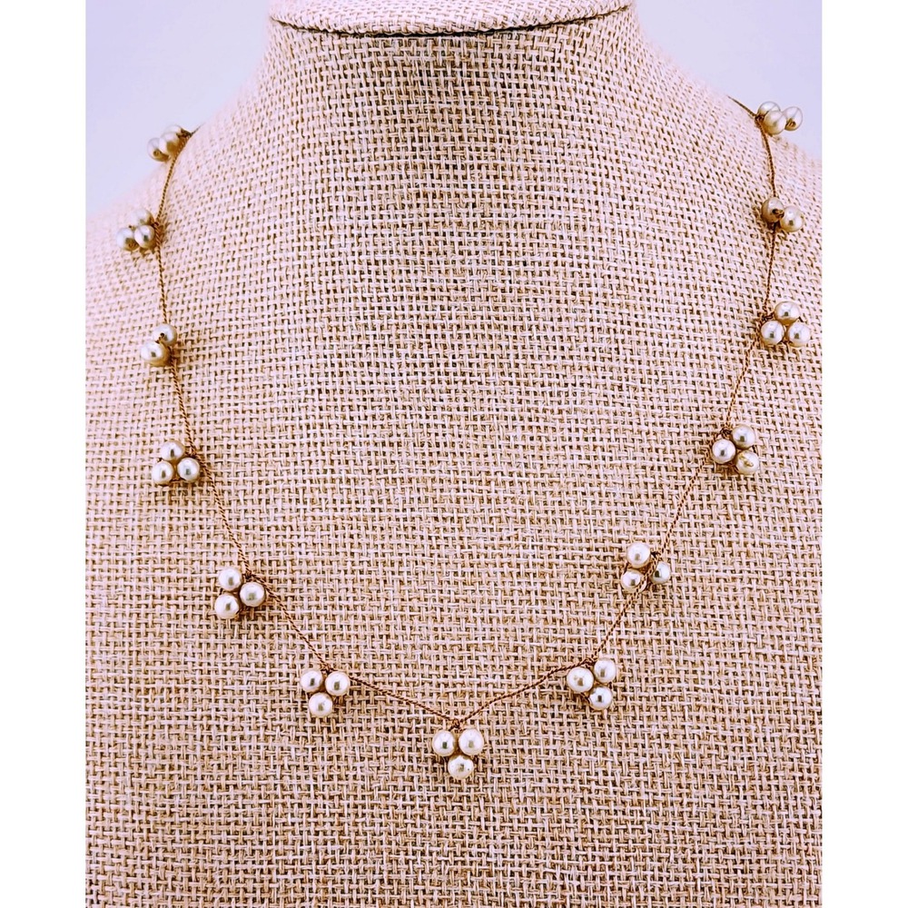 Genuine Pearl Cluster Necklace 925 Sterling Silver Gray Pearls Silk Cord Strand